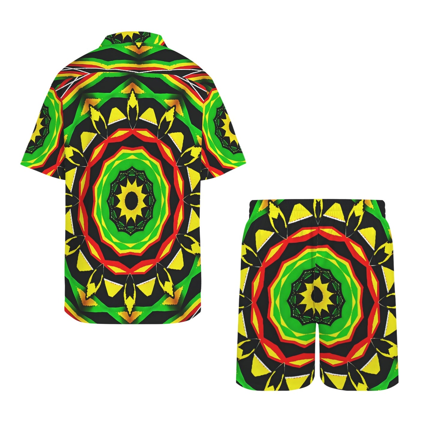 Men's Psychedelic Bold Reggae Colors All Over Print Hawaiian Shirt & Shorts Set