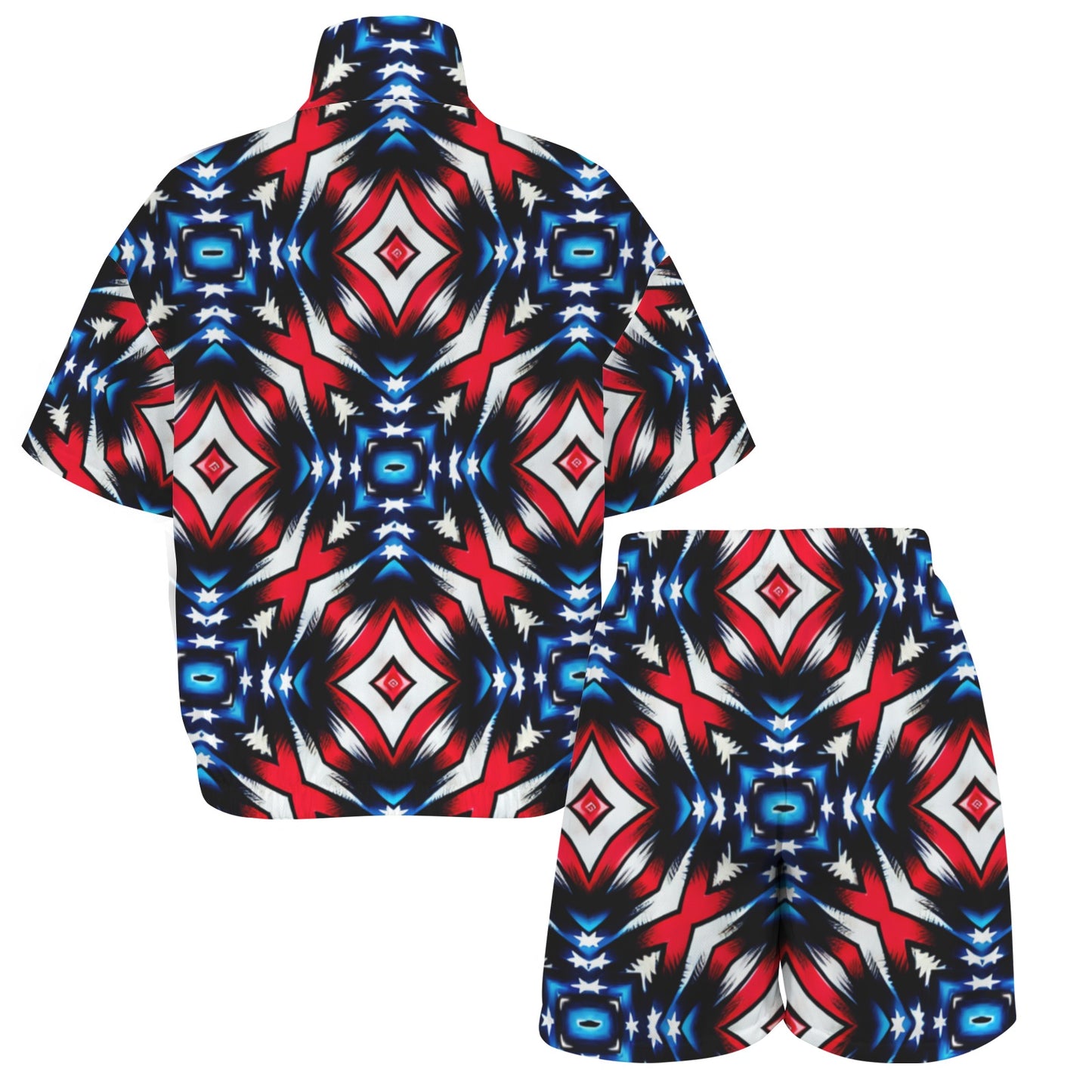 Women's Red White Blue Geometric Pattern All-Over Print All Over Print Windbreaker Short Set