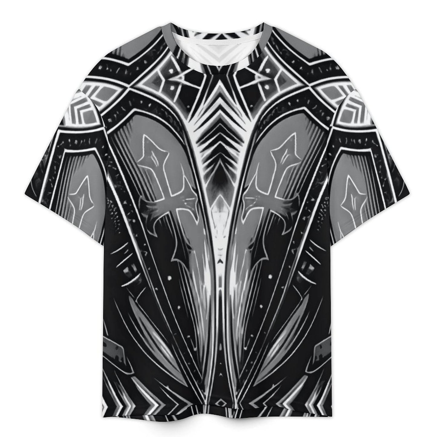 Men's Monochrome Kaleidoscope Pattern All-Over Print Plus Size Drop Shoulder T-Shirt