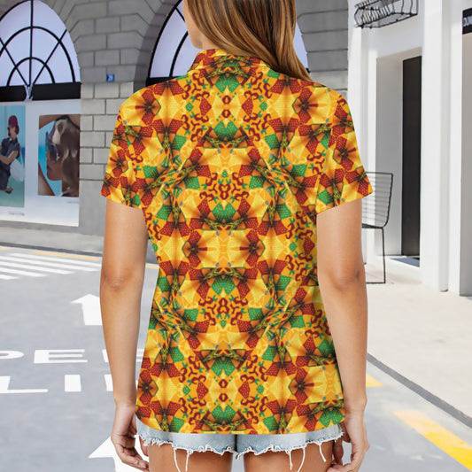 Women's Vibrant African Kente Geometric Pattern All Over Print Zipper Polo Shirt