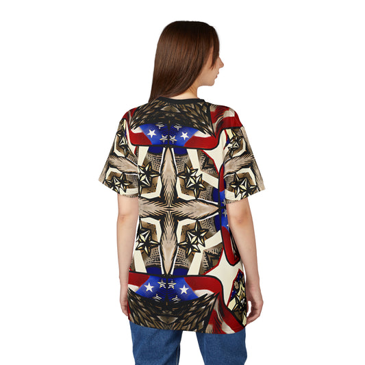 Women's Patriotic Star Kaleidoscope Pattern All-Over Print Unisex Cut & Sew Tee.