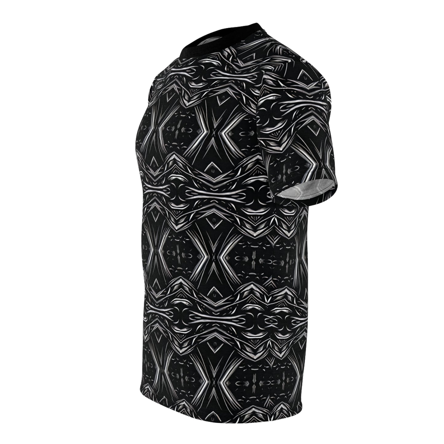 Men's Black Geometric Kaleidoscope Pattern All-Over Print Tee