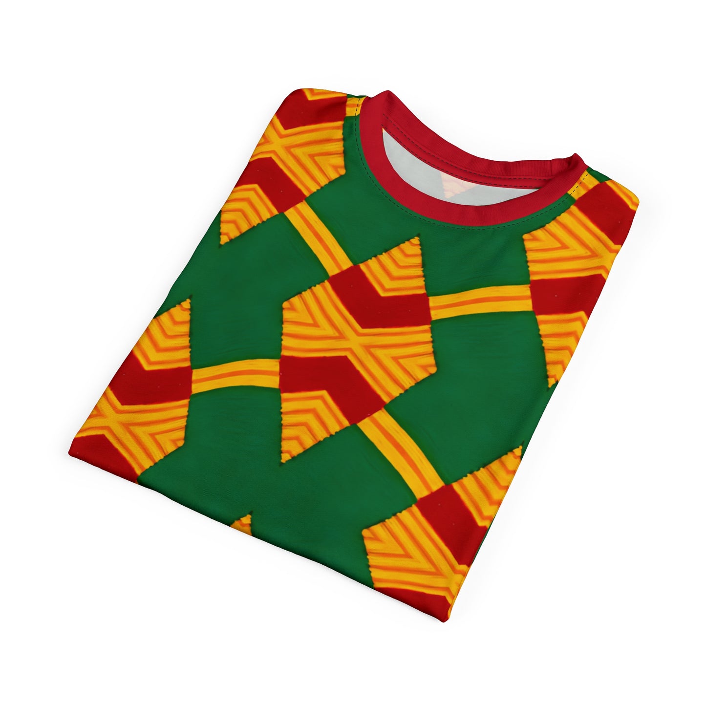 Men Bold Green, Red & Gold African Kente-Inspired Pattern All-Over Print Tee