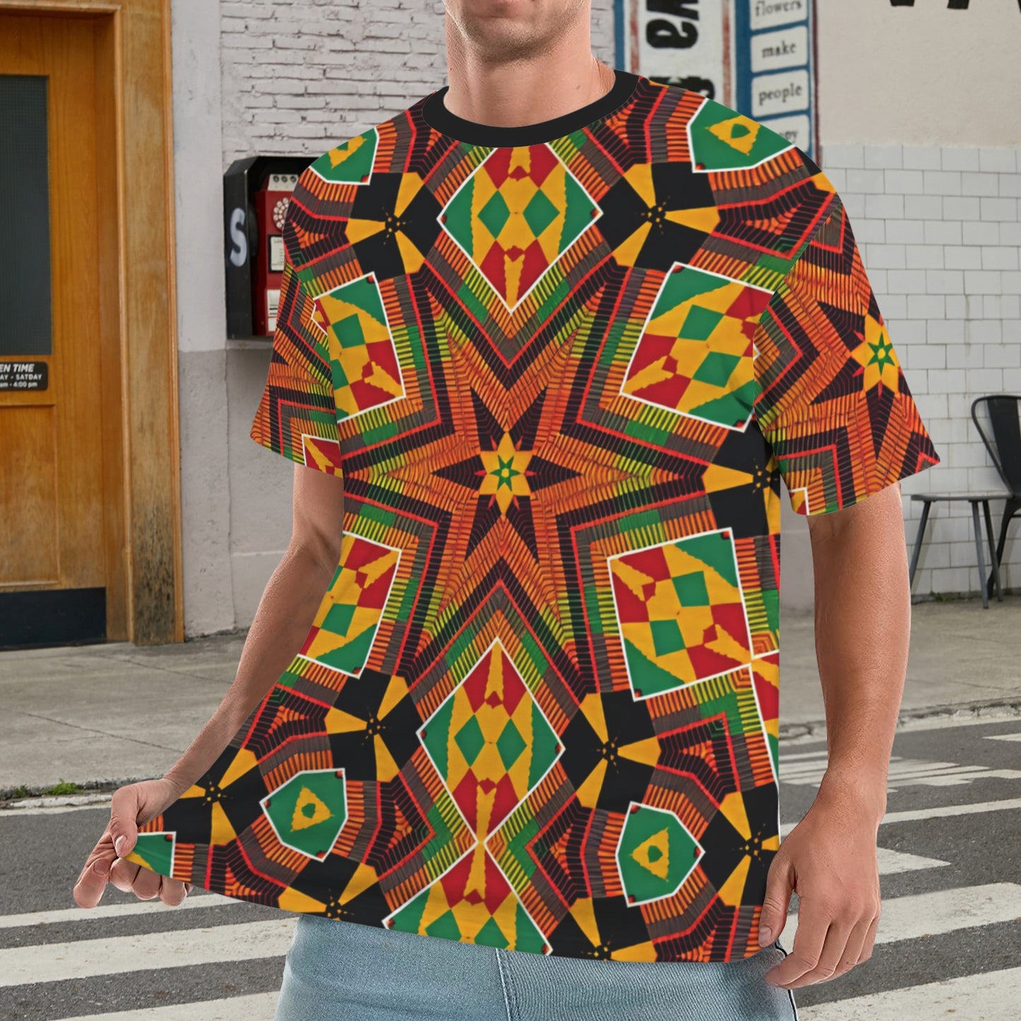 Men's African Kente Geometric Star Pattern All-Over Print Ribbed Collar T-Shirt