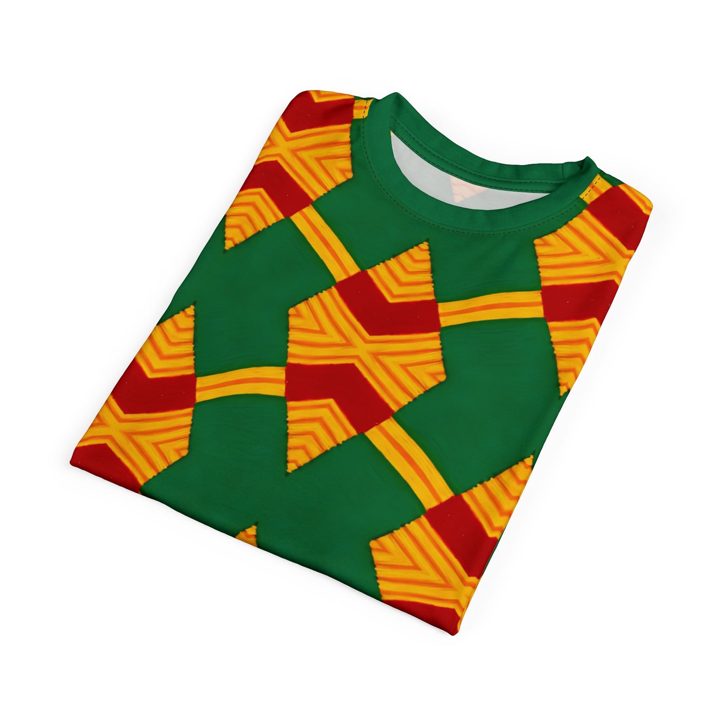 Men Bold Green, Red & Gold African Kente-Inspired Pattern All-Over Print Tee