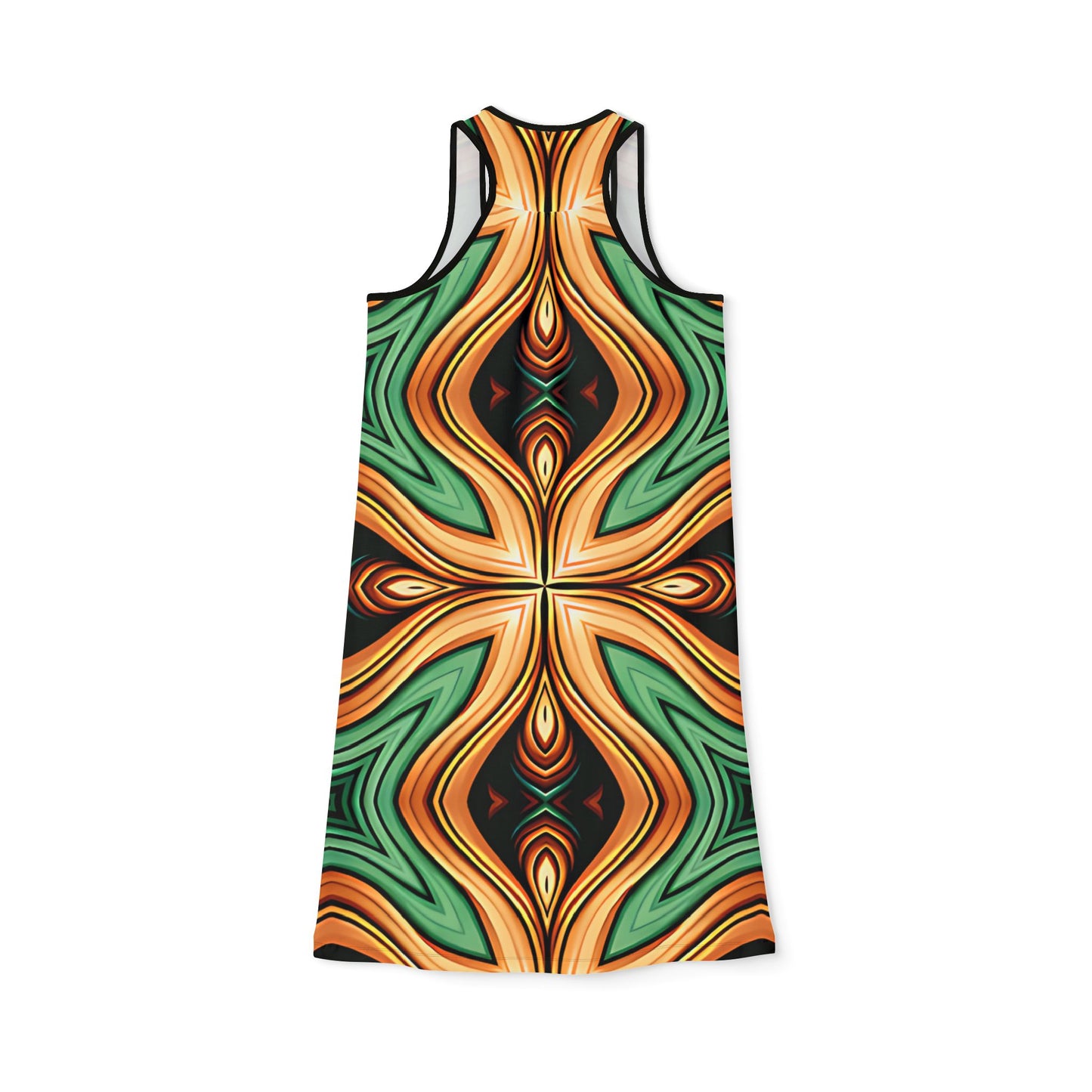 Women's Green & Gold Psychedelic Floral Pattern All-Over Print Racer back Dress