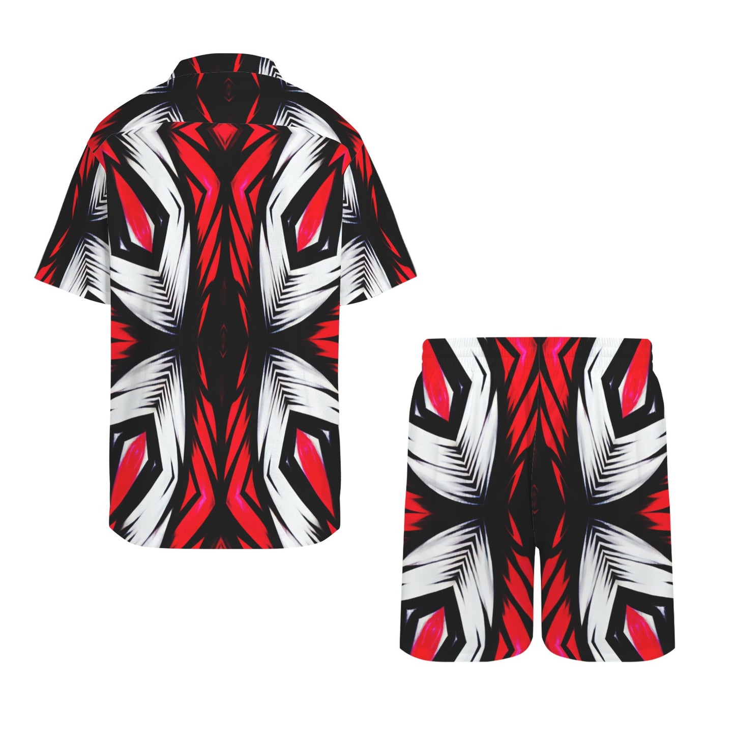 Men's Abstract Red, White & Black Pattern All-Over Print Hawaiian Shirt & Shorts Set