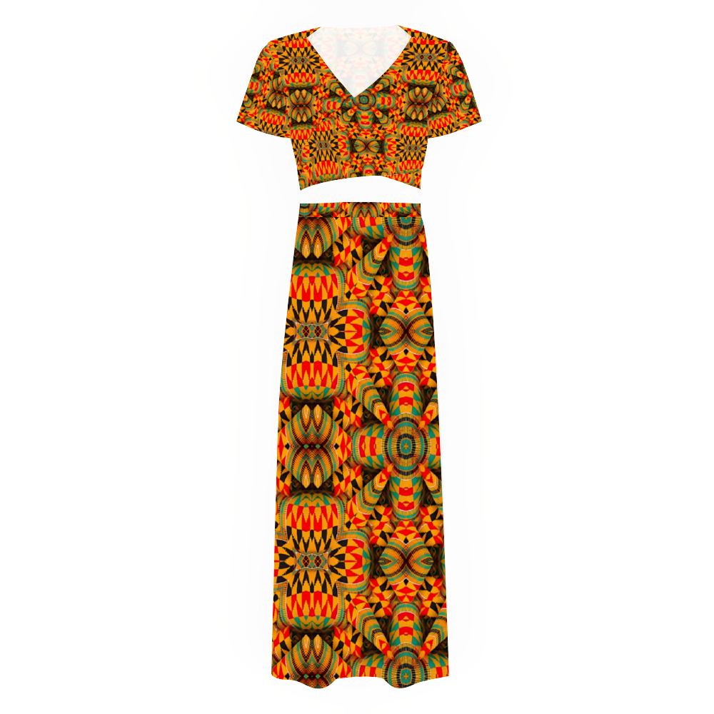 Women's Two Piece Outfit V-Neck Top and Long Skirt Set