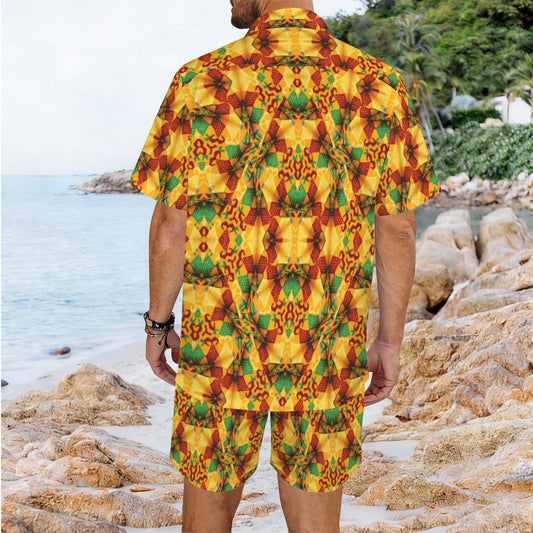 Men's Vibrant African Kente Geometric Pattern All Over Print Hawaiian Shirt & Shorts Set