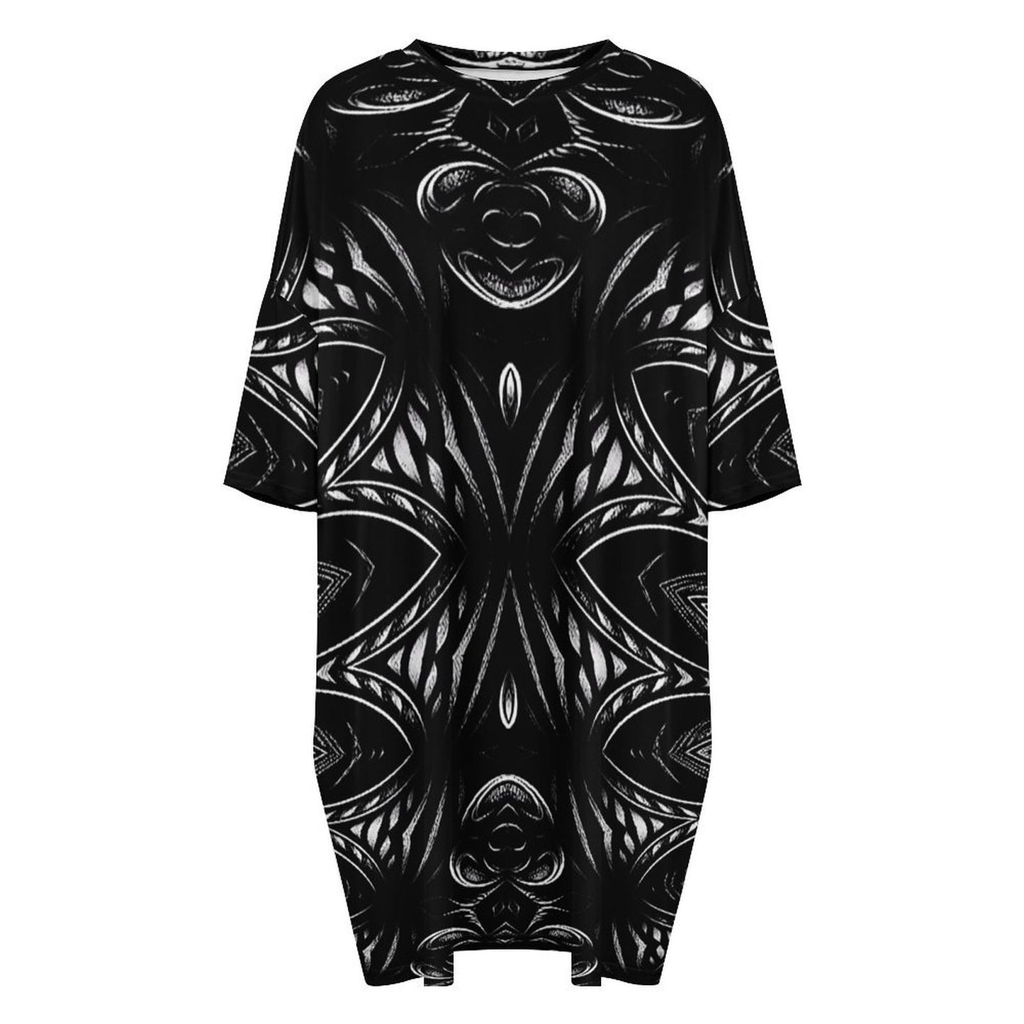 Women's Black & Silver Symmetry Pattern All-Over Print Oversized T- Shirt Loungewear
