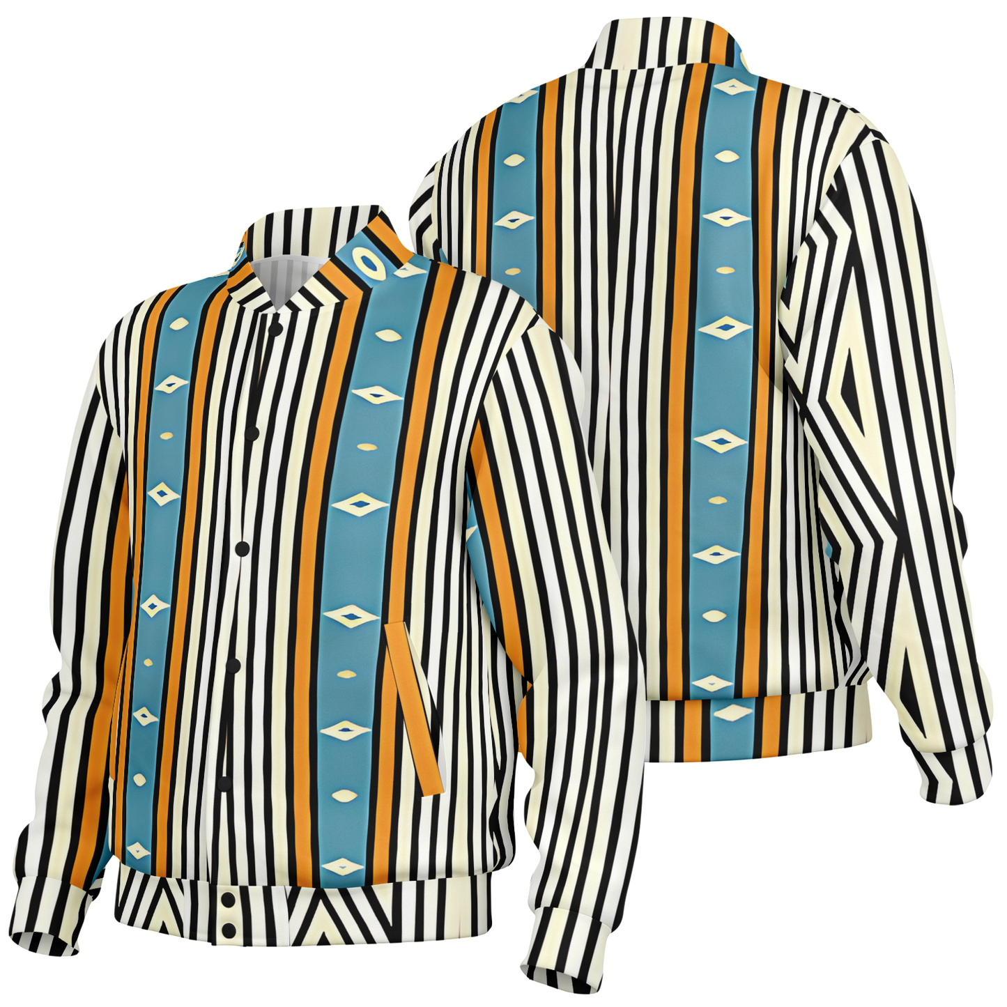 Women's Striped Retro Blue & Orange Patten All Over Print Baseball Jacket