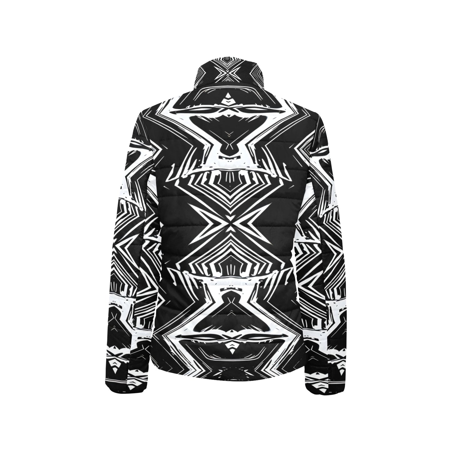 Women's Black & White Geometric Pattern All-Over Print Stand Collar Padded Jacket