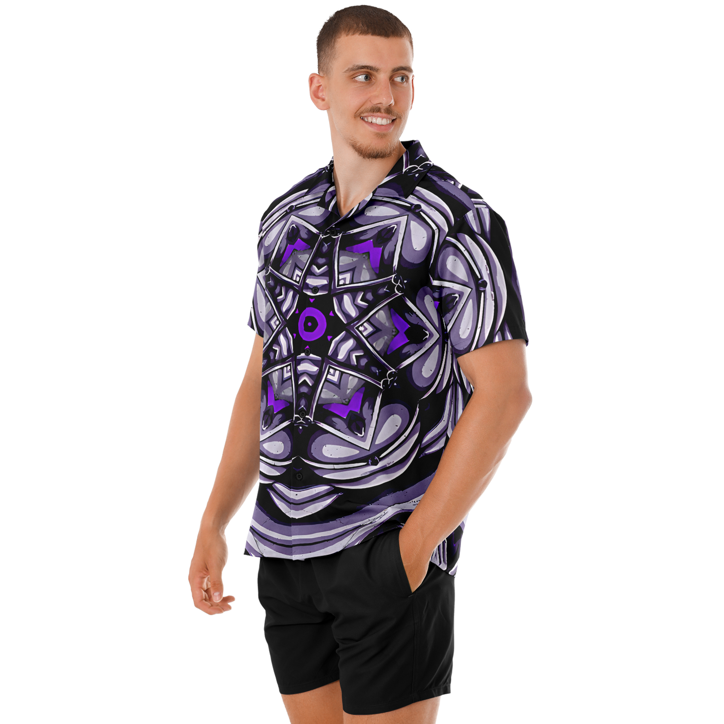 Men's Kaleidoscope Purple Pattern Spread Collar Short Sleeve Button-Down All Over Print Shirt.
