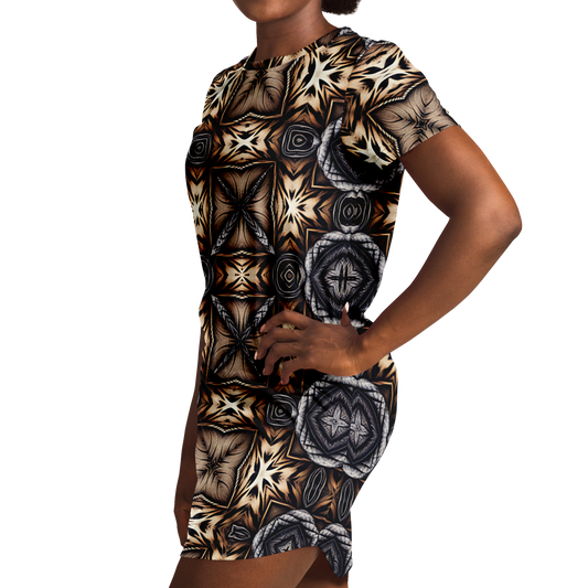 Women's Geometric Kaleidoscope Brown Pattern All Over Print T-Shirt Dress