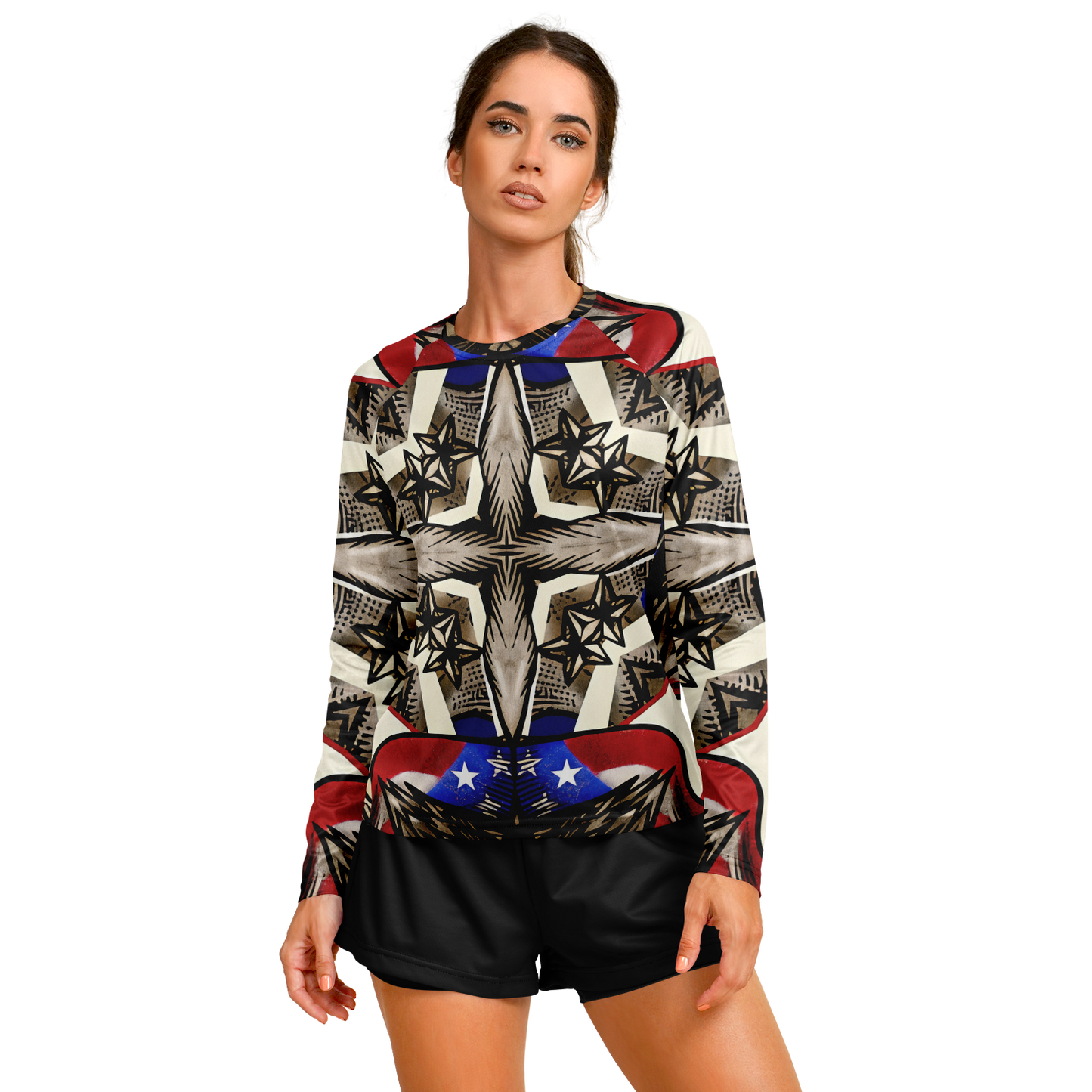 Women's Patriotic Star Kaleidoscope Pattern All-Over Print Long Sleeve Performance Shirt
