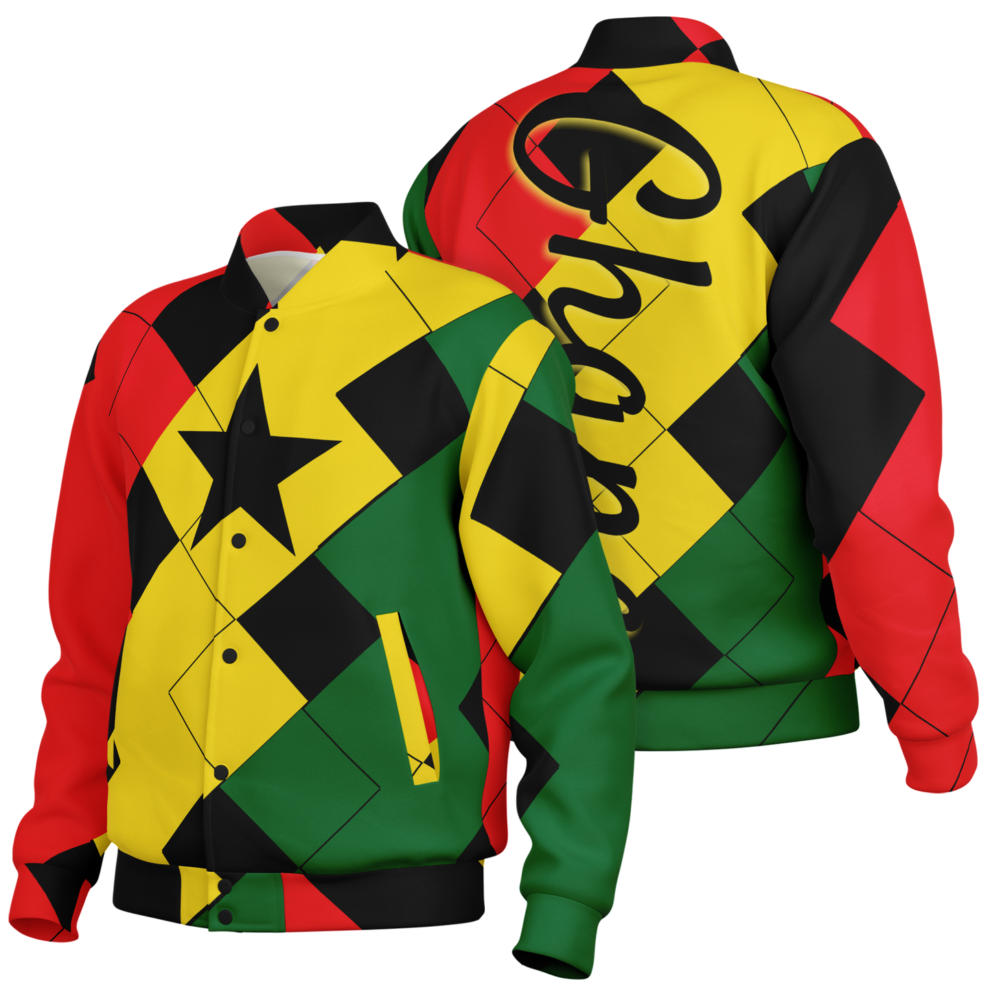 Women's Ghana Flag & Black Star Pattern All-Over Print Baseball Jacket