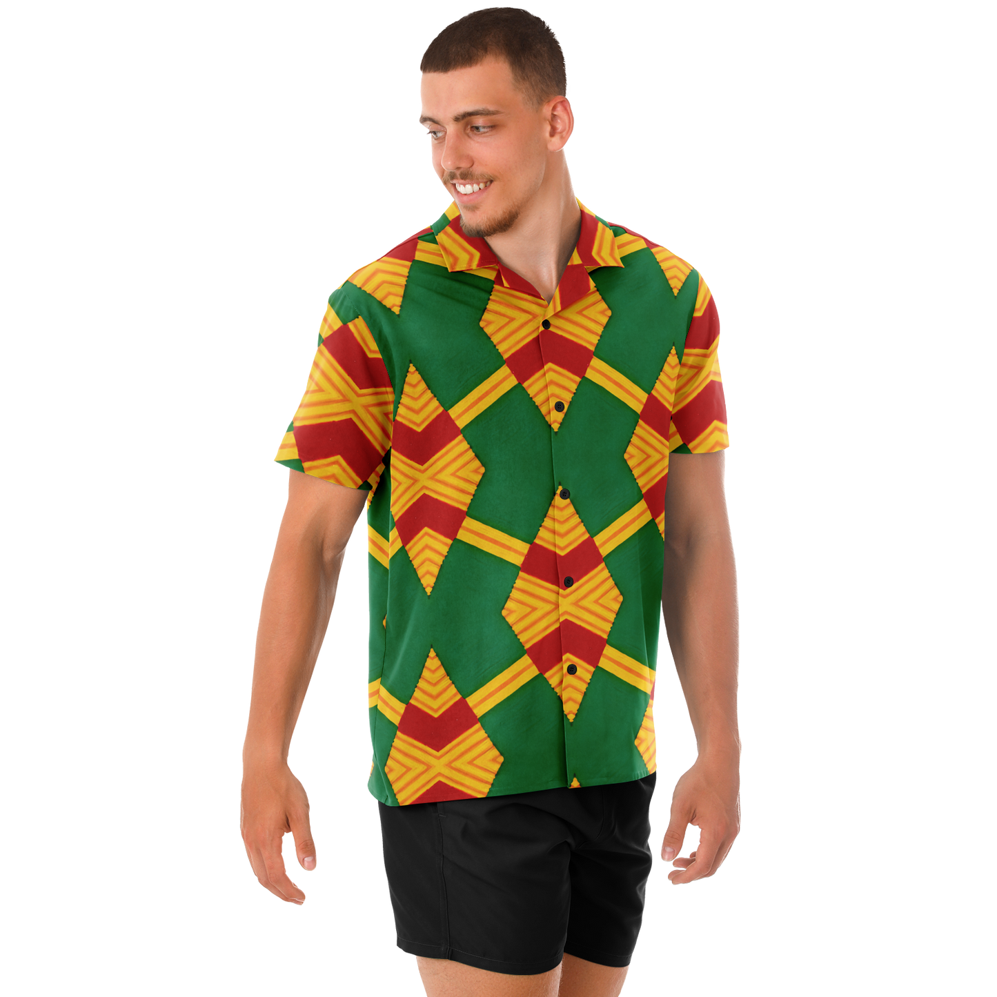 Men Bold Green, Red & Gold African Kente-Inspired Pattern Spread Collar Short Sleeve Button-Down All-Over Print Shirt