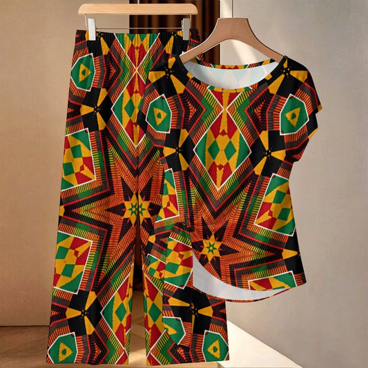 Women's African Kente Geometric Star Pattern All-Over Print Side-Tie Short Sleeve Top & Wide-Leg Pants Set