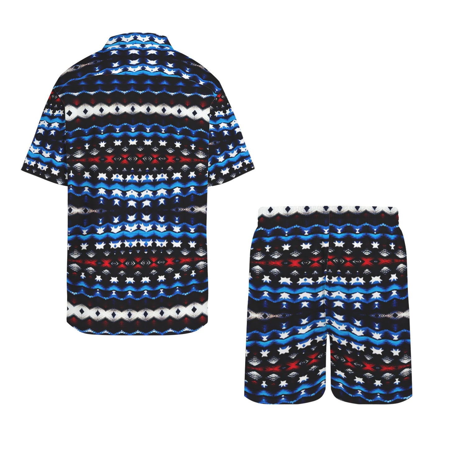 Men's Black Blue & Red Abstract Pattern All Over Print Hawaiian Shirt & Shorts Set