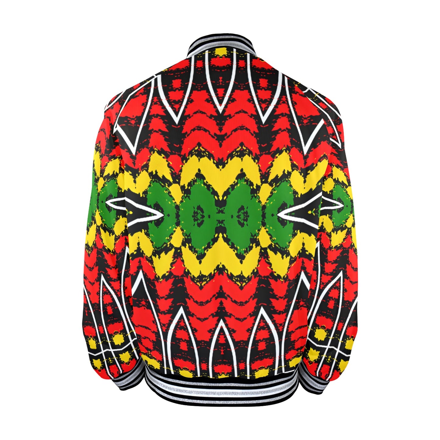 Men's Bold Red Yellow Green Rasta Pattern All Over print Striped Trim Bomber Jacket
