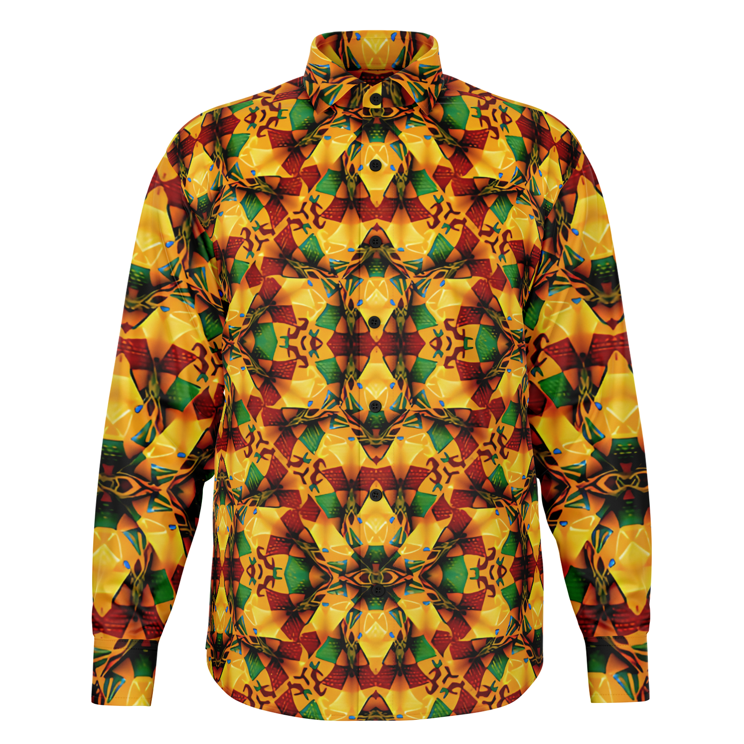 Men's Vibrant Autumn Kaleidoscope Pattern Spread Collar Long Sleeve Button-Down All Over Print Shirt.
