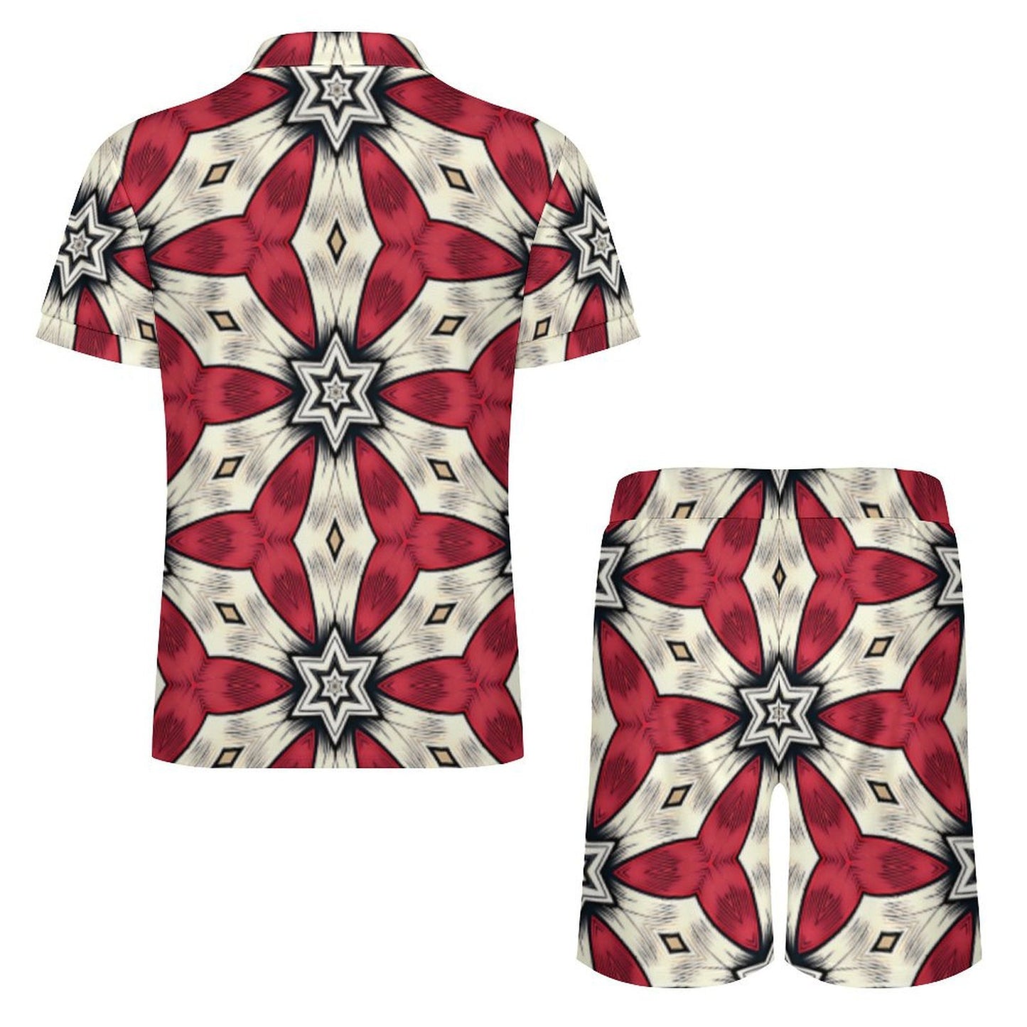 Men's Red & White Geometric Star Pattern Zip-Up Polo Set