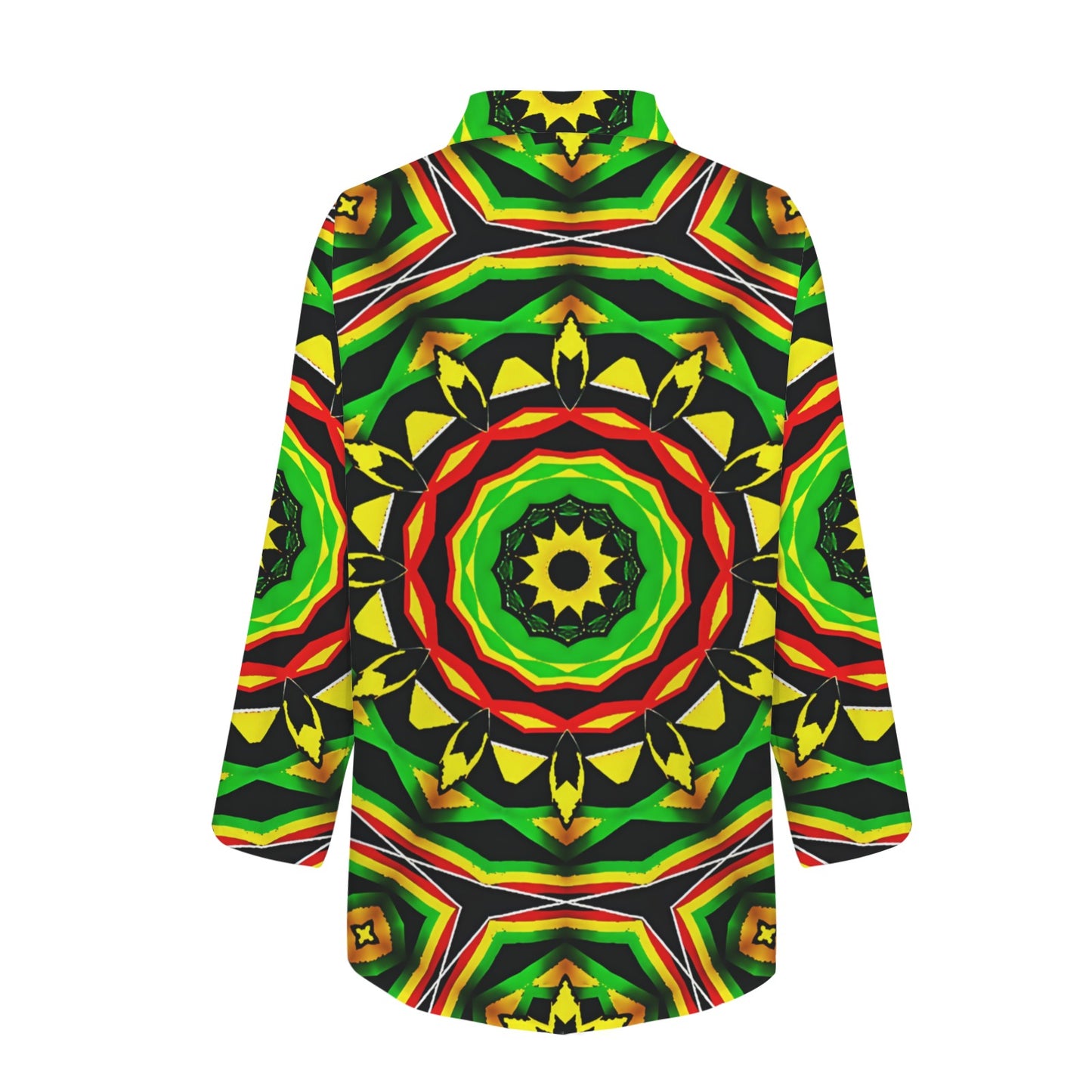 Women's Psychedelic Bold Reggae Colors All Over Print Long Sleeve Curved Hem Shirt