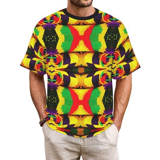 Men's Bold Rasta Color Wave Pattern All Over Print Cut & Sew Ribbed Collar T-Shirt