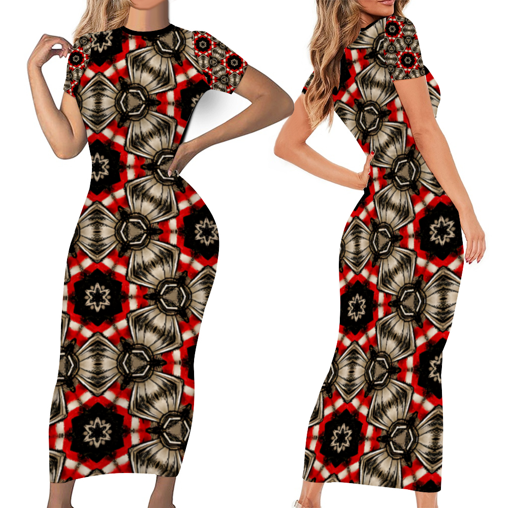 Women's Round Neck Long Dress Short Sleeve Bodycon Pencil Dress