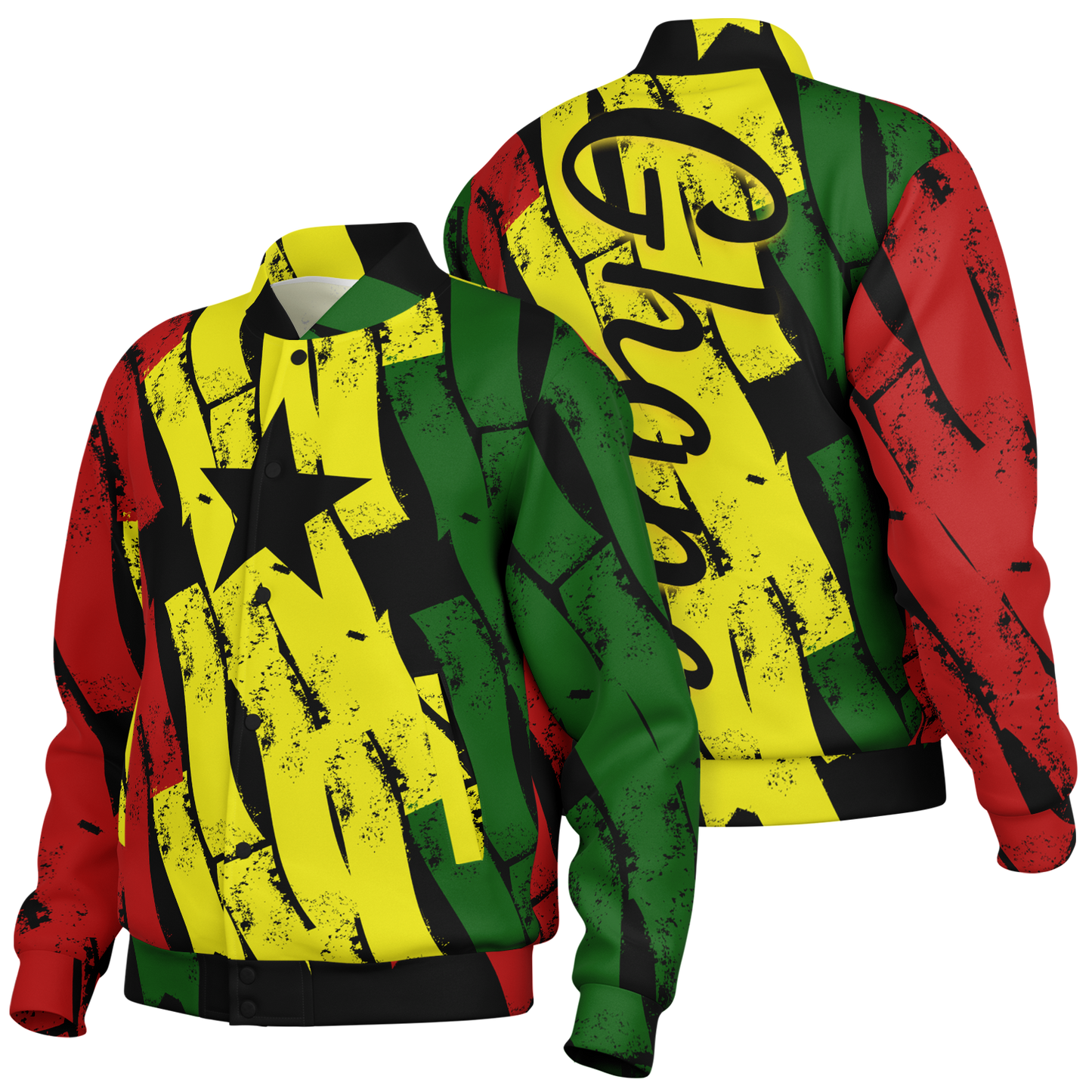 Men's Ghana Flag & Black Star Pattern All-Over Print Baseball Jacket