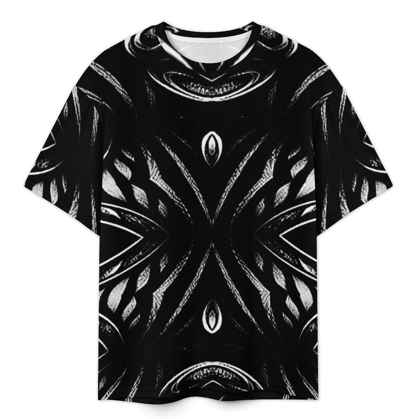 Men's Black & White Geometric Pattern All-Over Print Plus Size Drop Shoulder T-Shirt