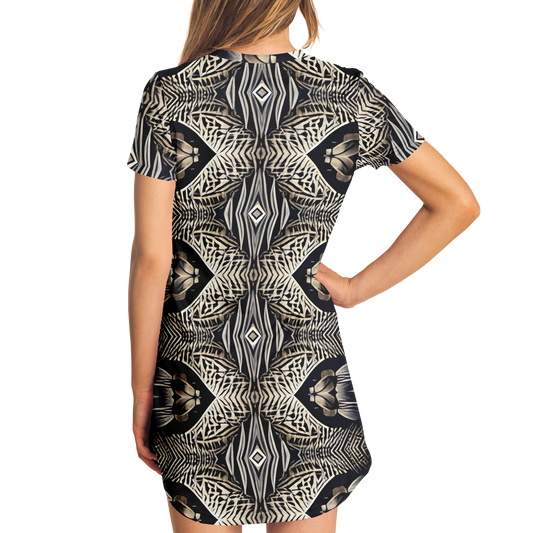 Women's Monochrome Geometric Kaleidoscope Pattern All Over Print T-Shirt Dress