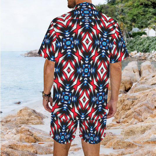 Men's Red White Blue Geometric Pattern All-Over Print Hawaiian Shirt & Shorts Set