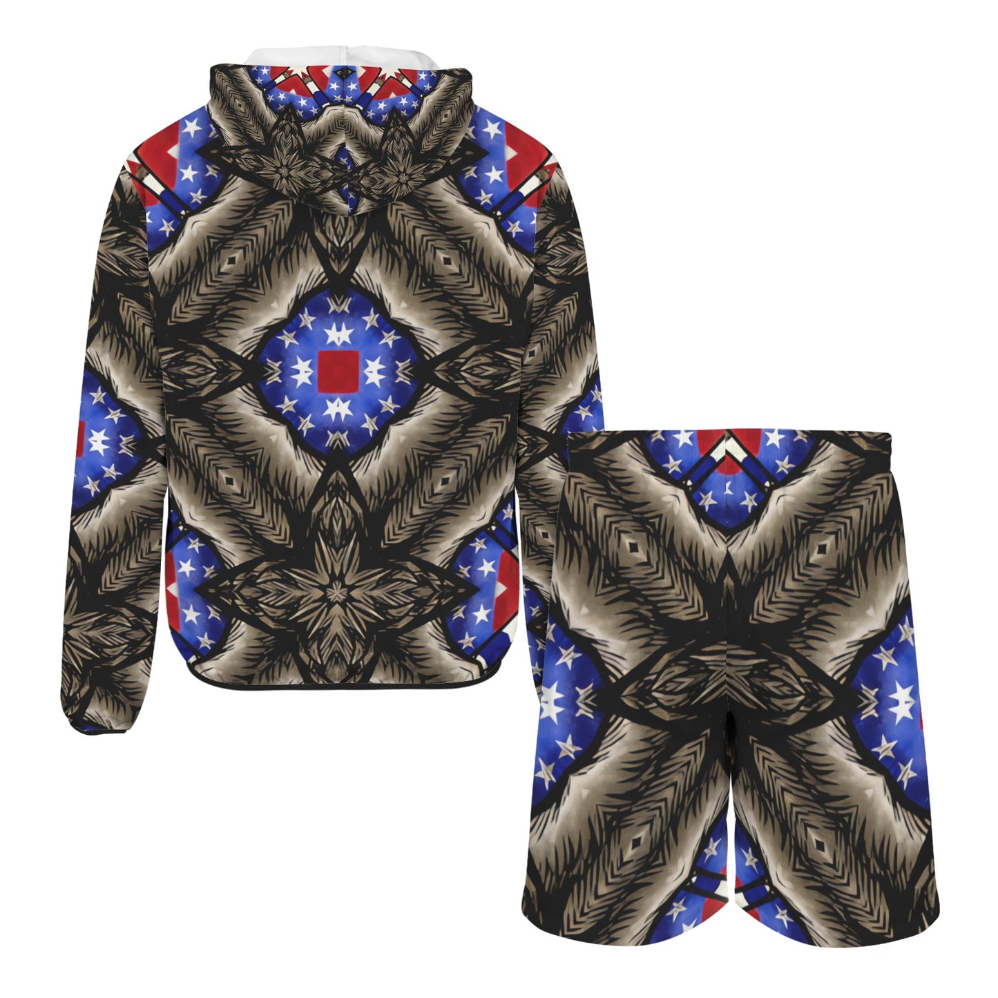 Men's Patriotic Kaleidoscope Pattern All-Over Print Lightweight Sun Hoodie & Shorts Set