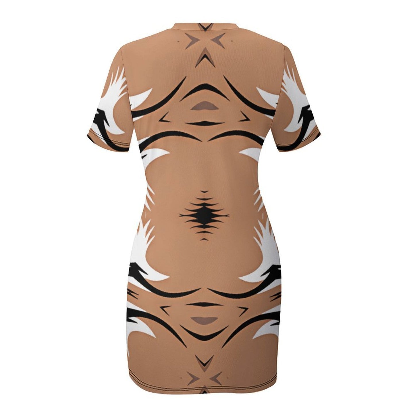 Women's Brown Tribal Wave Pattern All-Over Print Short Sleeve Dress