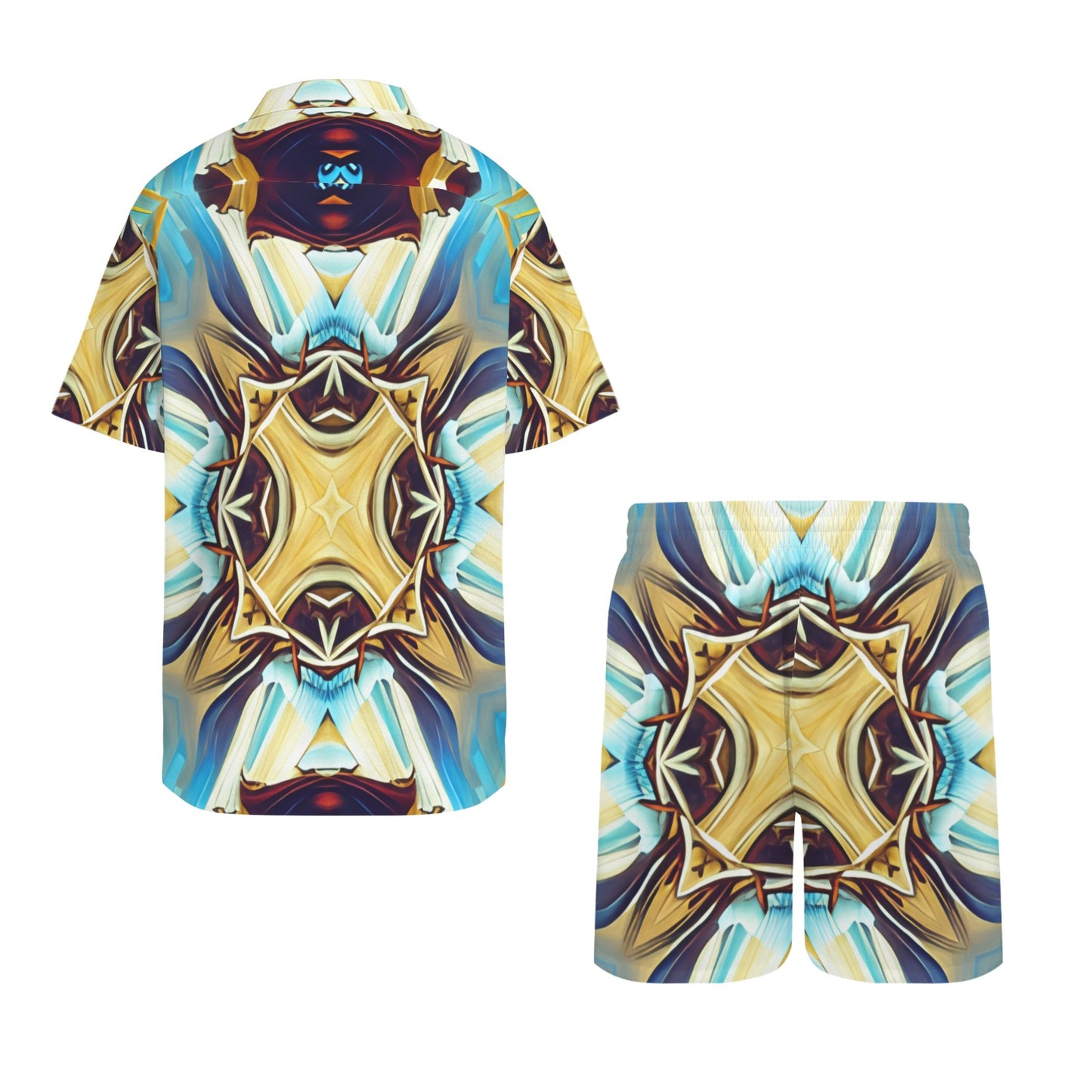 Men's Abstract Teal & Gold Pattern All Over Print Hawaiian Shirt & Shorts Set