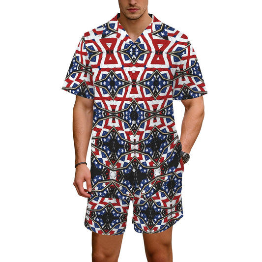 Men's Patriotic Star Kaleidoscope Pattern All-Over Print Hawaiian Shirt & Shorts Set