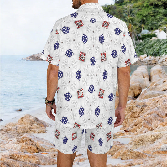 Men’s White, Blue & Red Geometric Pattern All Over Print Men's Hawaiian Shirt & Shorts Set