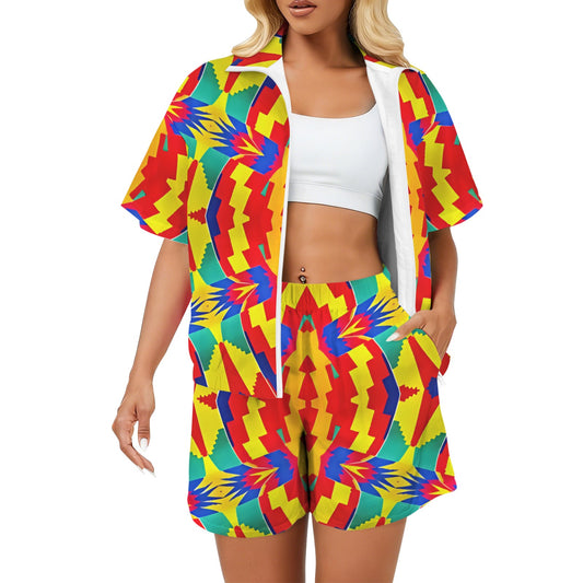 Women's Bold Rainbow Kente-Inspired Geometric Pattern All Over Print Windbreaker Short Set