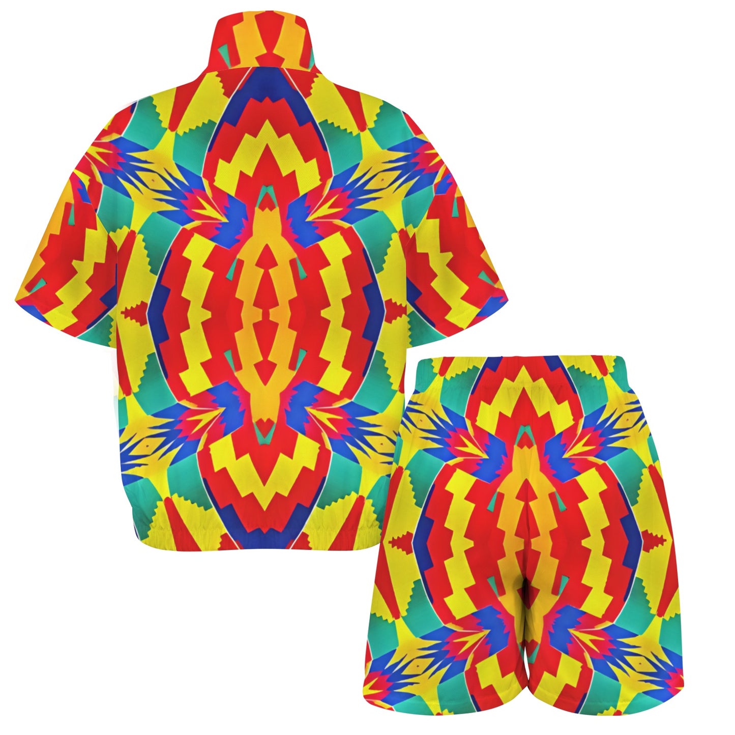 Women's Bold Rainbow Kente-Inspired Geometric Pattern All Over Print Windbreaker Short Set