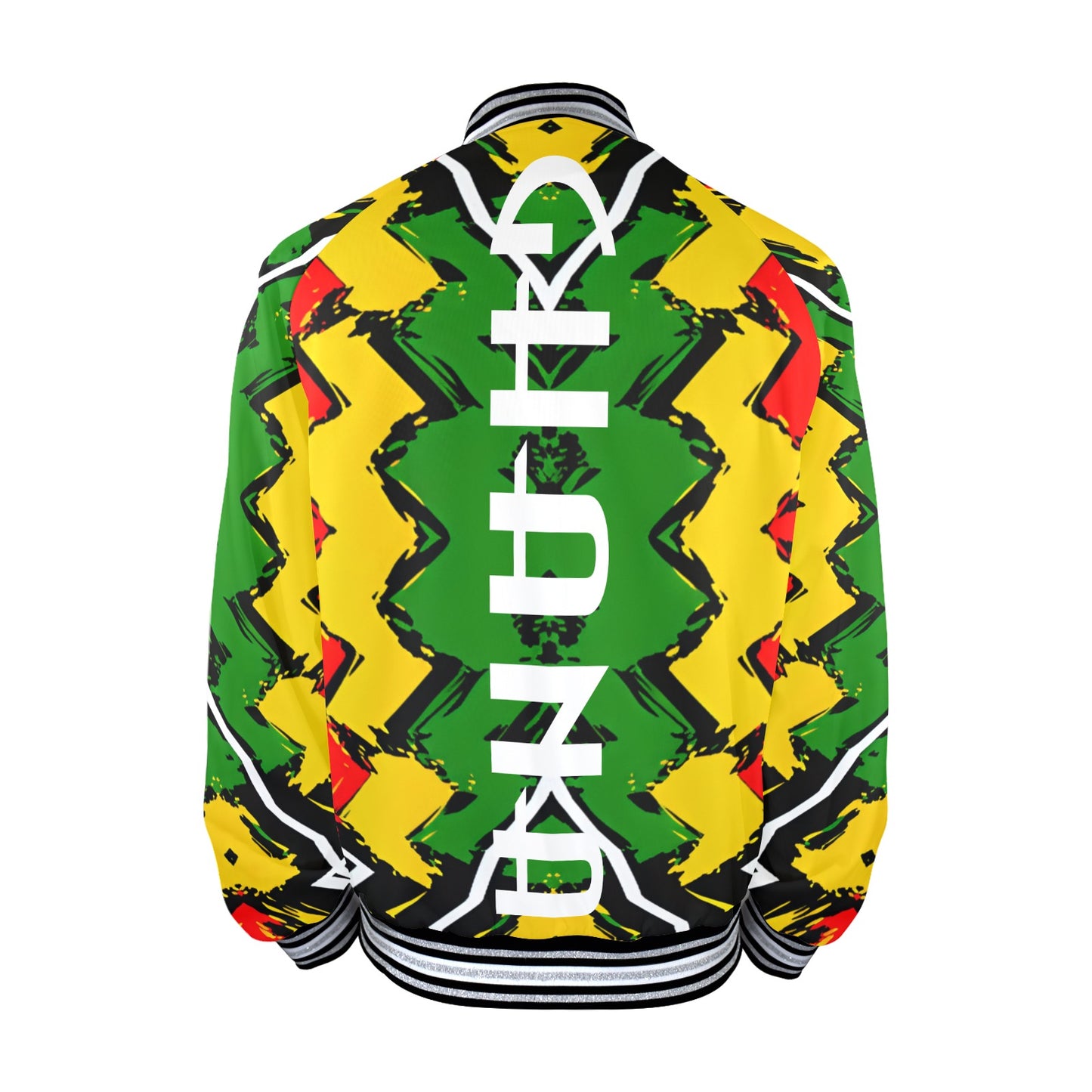 Men's Ghana Flag & Black Star Pattern All-Over Print Striped Trim Bomber Jacket