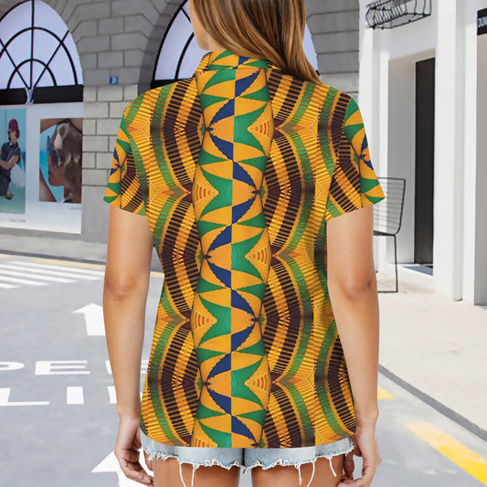 Women's African Kente Geometric Pattern All-Over Print Zipper Polo Shirt