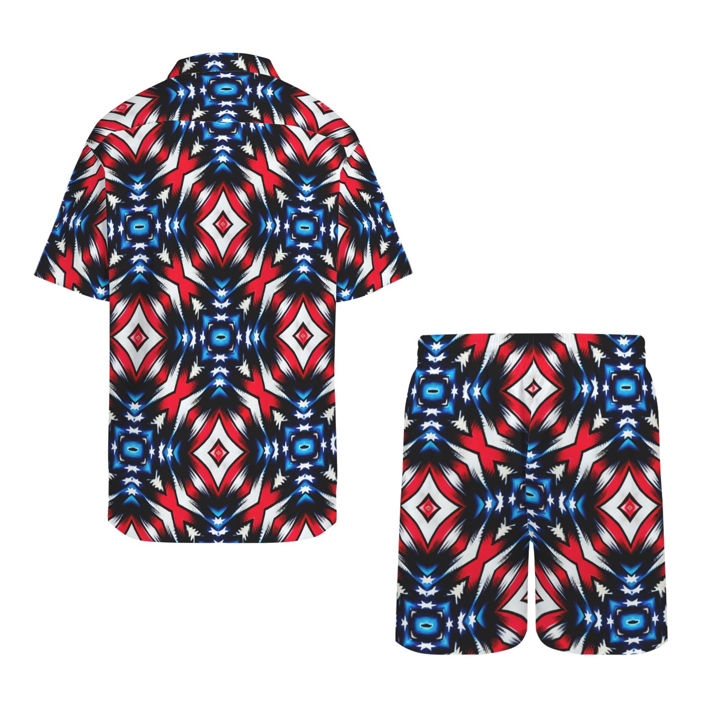 Men's Red White Blue Geometric Pattern All-Over Print Hawaiian Shirt & Shorts Set