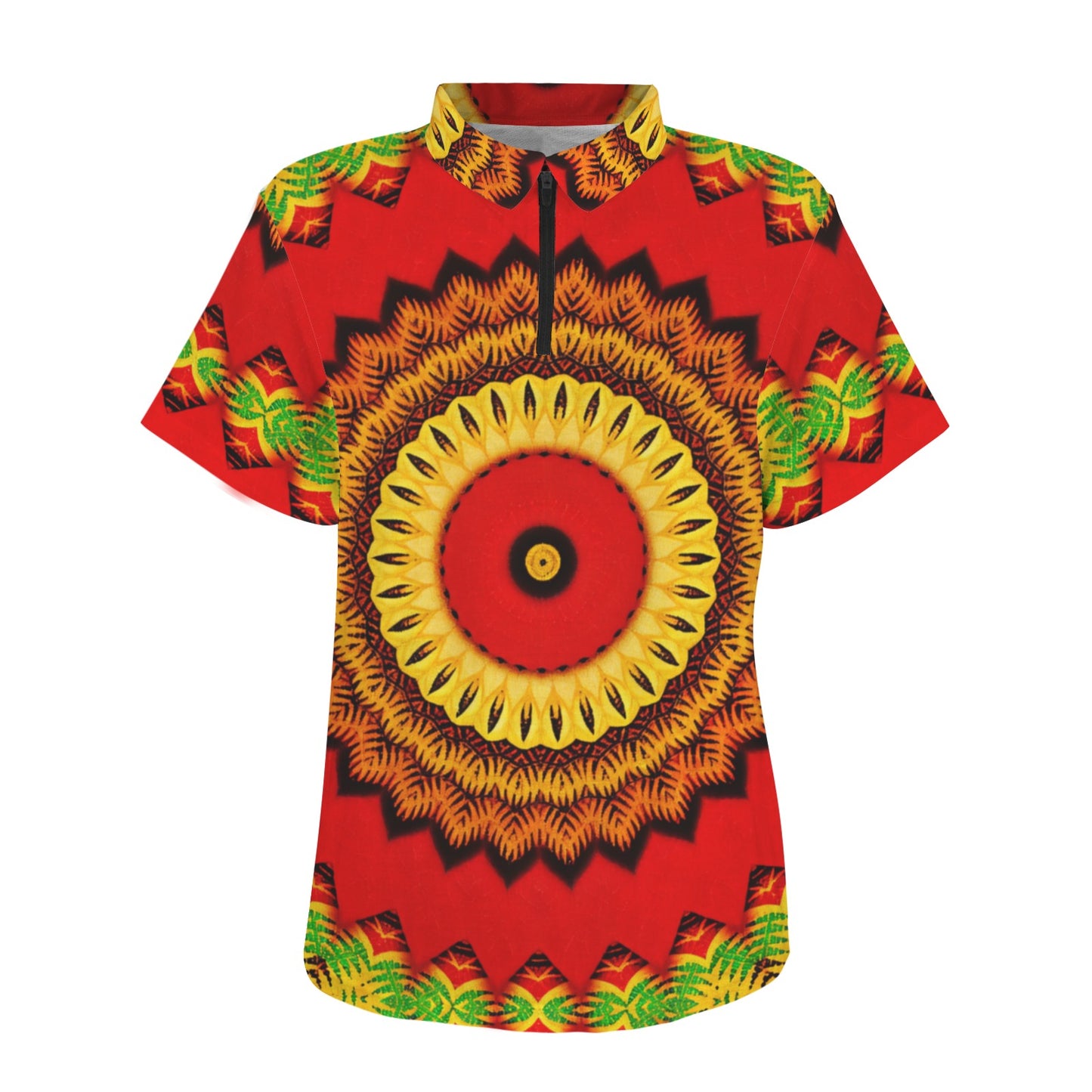 Women's Red Tribal Kaleidoscope Pattern All Over Print Zipper Polo Shirt