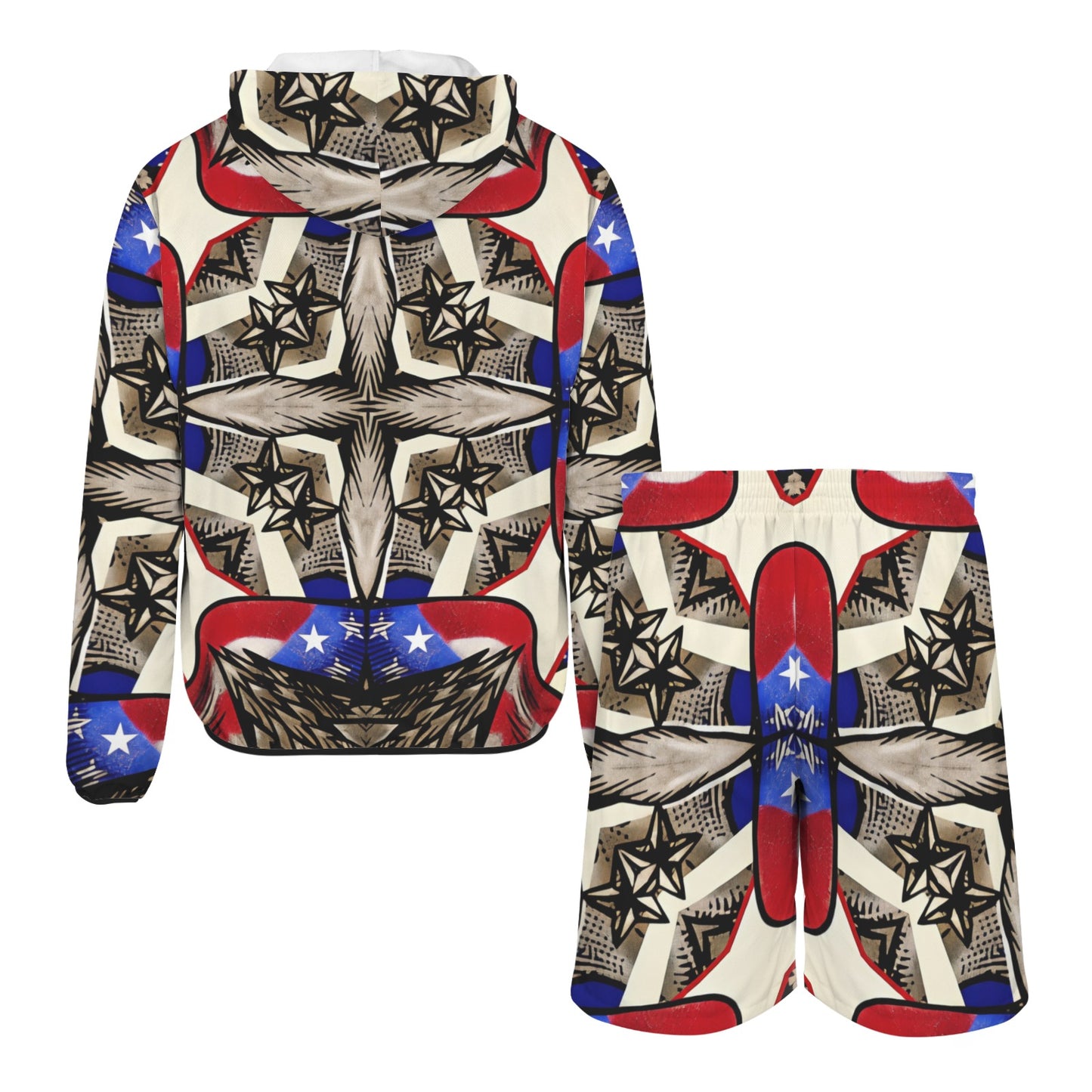Men's Patriotic Stars & Cross Kaleidoscope Pattern All-Over Print Lightweight Sun Hoodie & Shorts Set