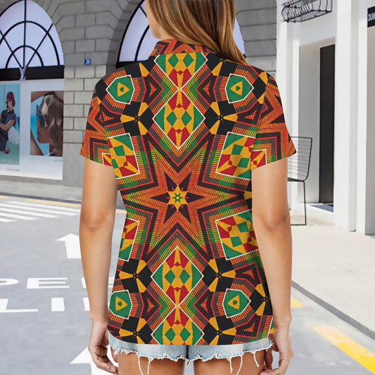 Women's African Kente Geometric Star Pattern All-Over Print Zipper Polo Shirt