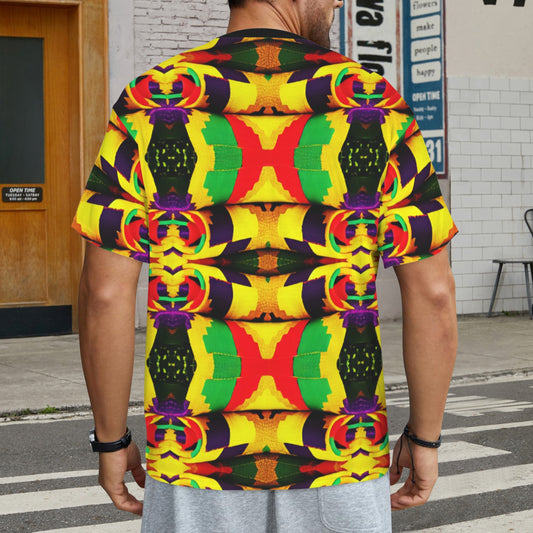 Men's Bold Rasta Color Wave Pattern All Over Print Cut & Sew Ribbed Collar T-Shirt