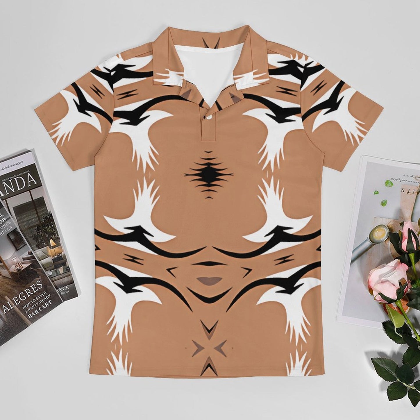 Men's Brown Tribal Wave Pattern All-Over Print Premium Ice Silk Polo Shirt