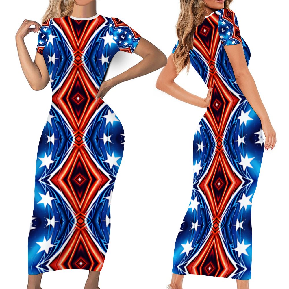 Women's Round Neck Long Dress Short Sleeve Bodycon Pencil Dress