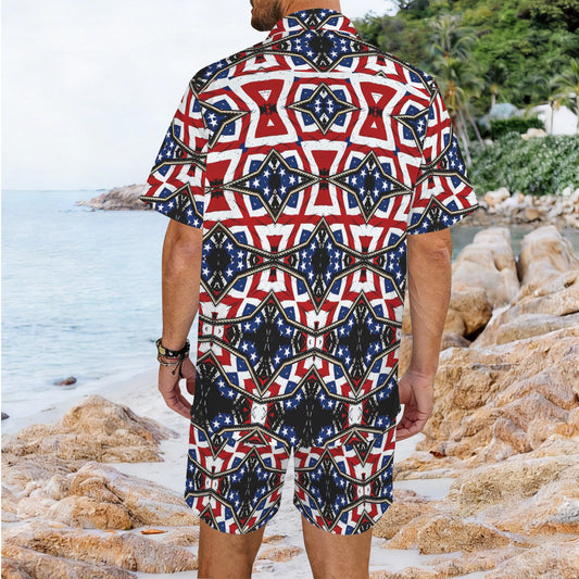 Men's Patriotic Star Kaleidoscope Pattern All-Over Print Hawaiian Shirt & Shorts Set